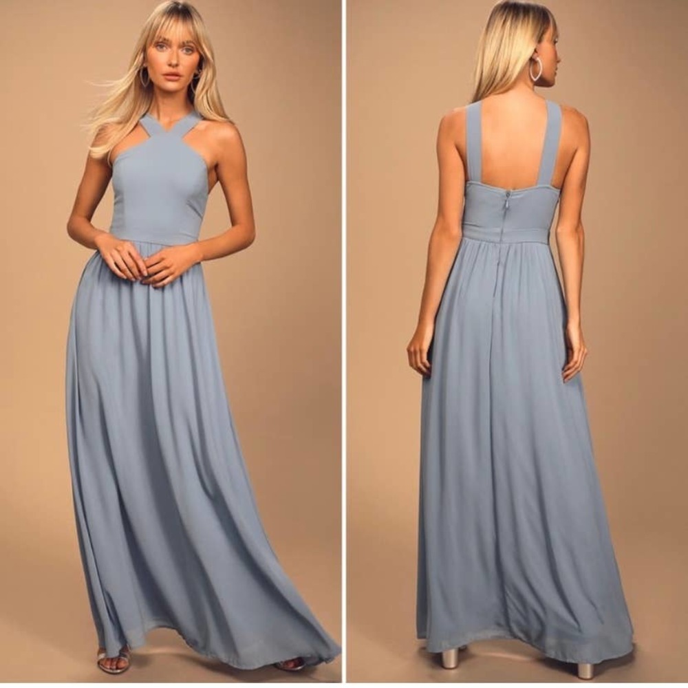 Lulu's Womens Sz  L Maxi Dress Formal Powder Blue Halter Prom Wedding Dress